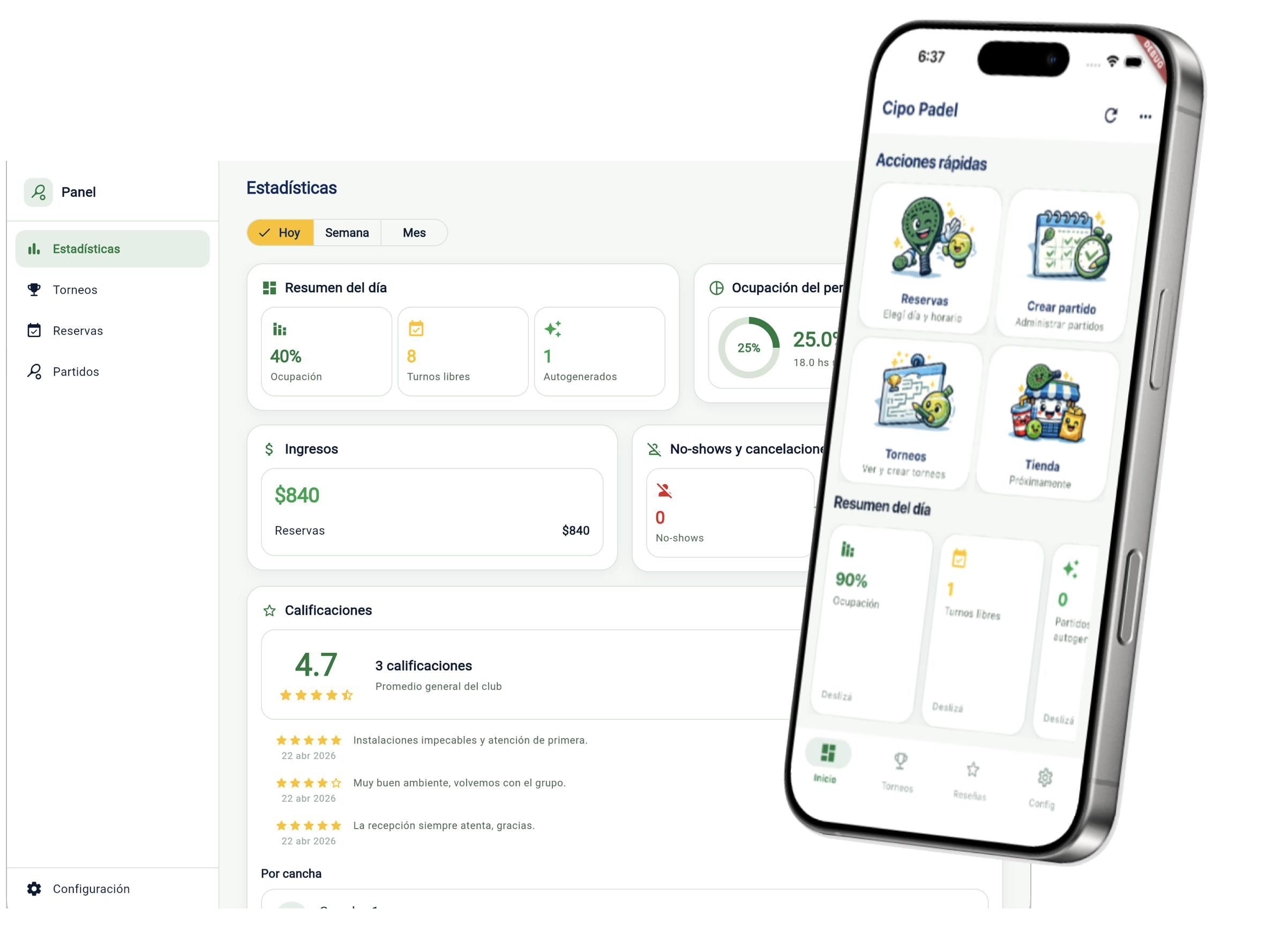 Vista de la app para clubes: acciones rápidas y resumen del día